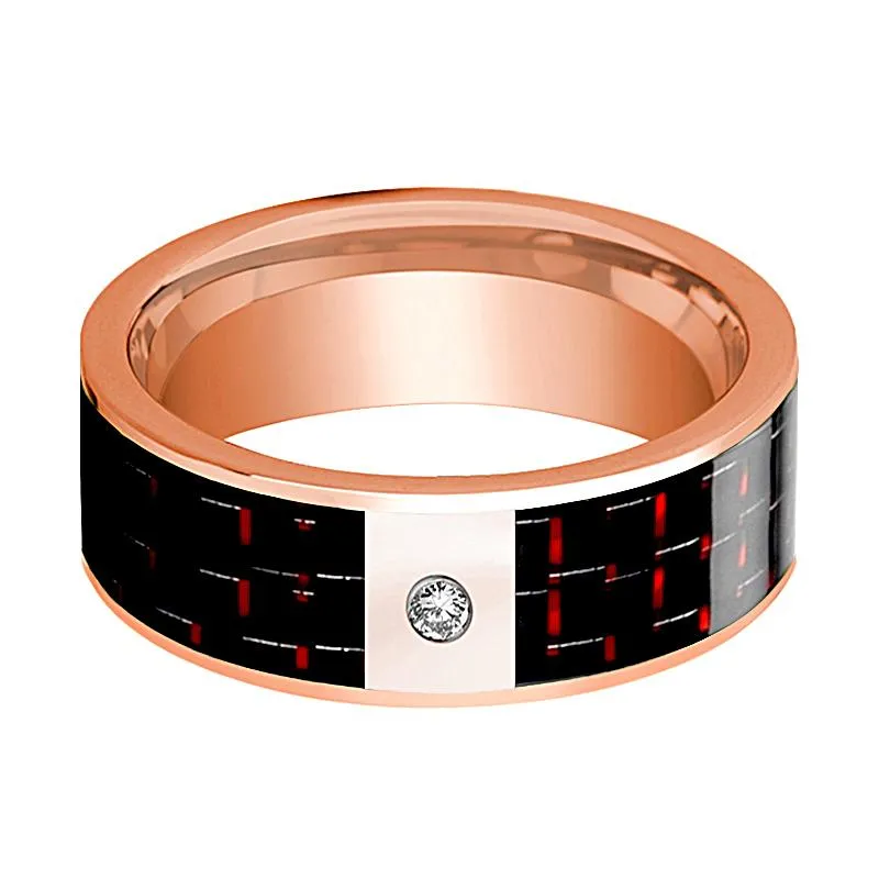 14k Rose Gold Flat Ring with White Diamond Setting & Black & Red Carbon Fiber Inlay