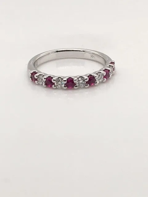 14K White Gold 0.25ct Diamond and Ruby Half Anniversary Women's Wedding Band