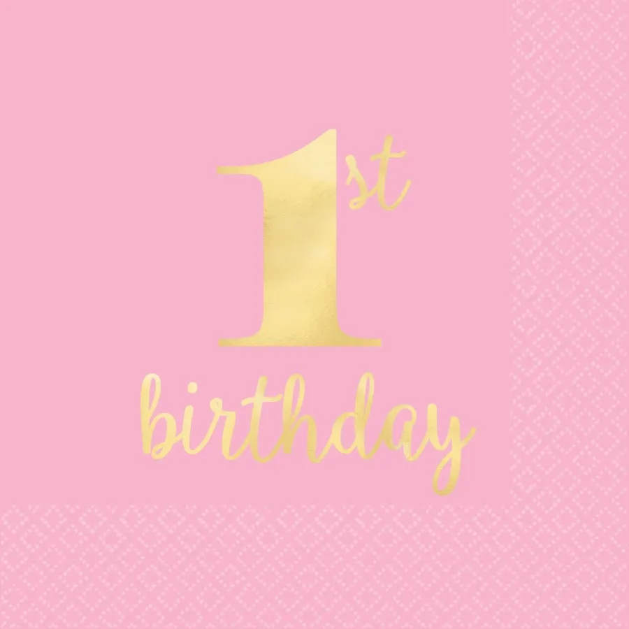 1st Birthday Pink Beverage Napkins Hot Stamped 16pk