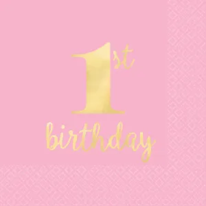 1st Birthday Pink Beverage Napkins Hot Stamped 16pk