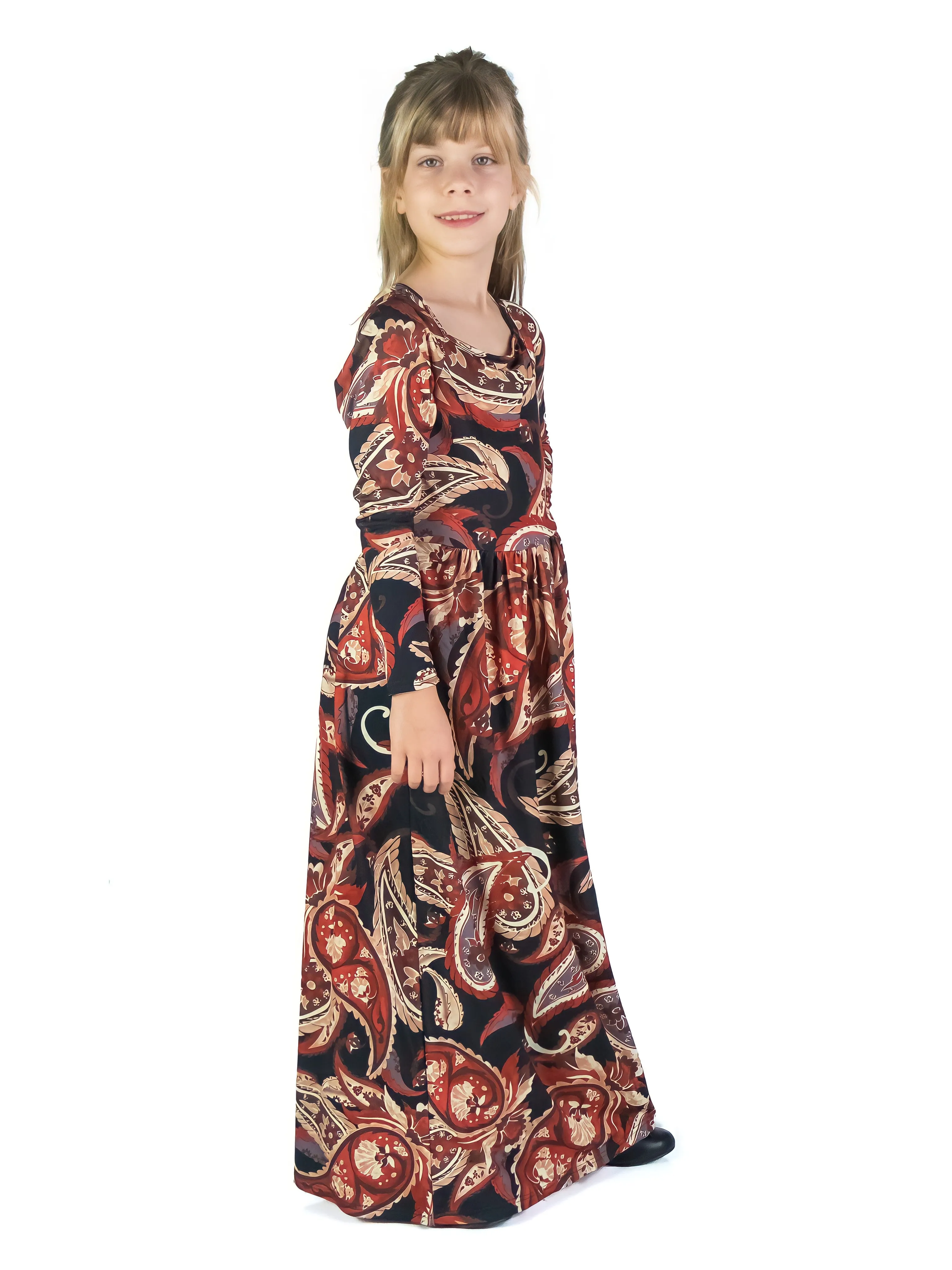 24seven Comfort Apparel Girls Black and Red Paisley Long Sleeve Pleated Maxi Dress