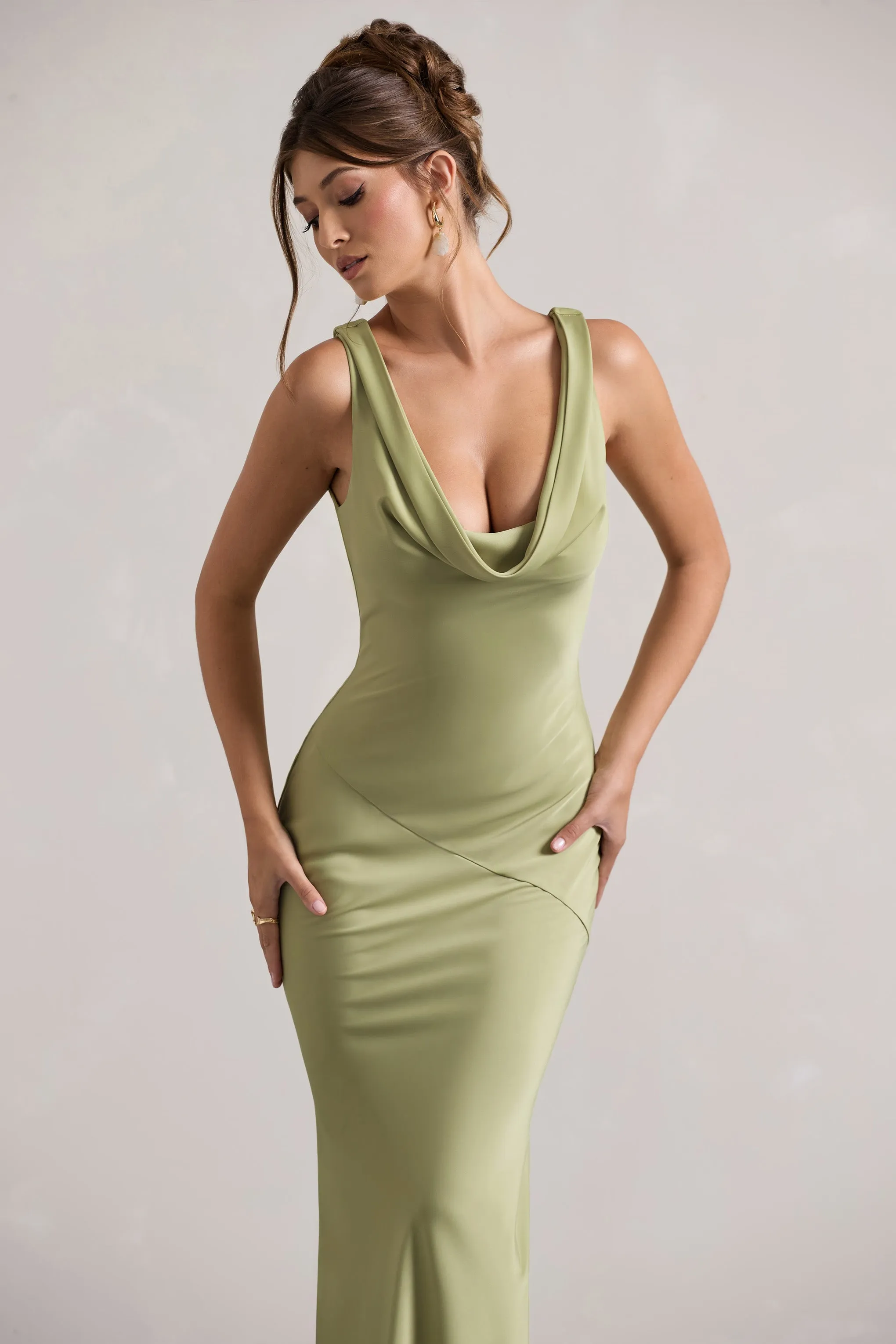 Alesso | Light Olive Satin Cowl-Neck Maxi Dress