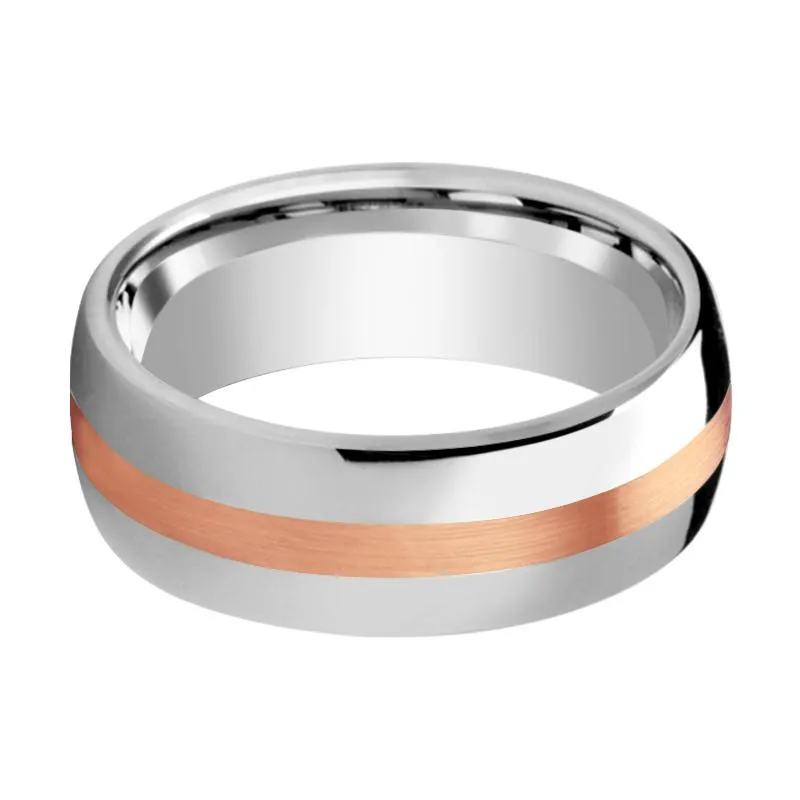 ALPHEUS | Silver Tungsten Ring, 14k Rose Gold Stripe, Domed