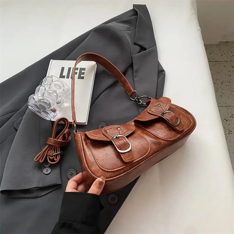 Amozae-LEFTSIDE Fashion Double pockets Design PU Leather Shoulder Bag for Women 2024 Tend Female Crossbody Bag Underarm Bags Handbags