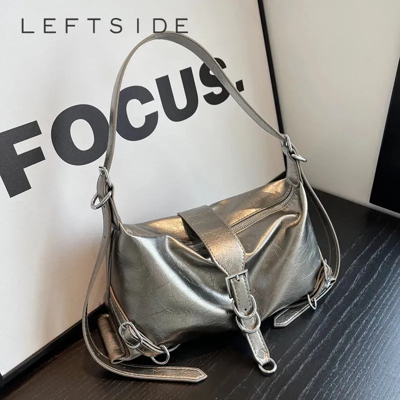 Amozae-LEFTSIDE Silver Leather Crossbody Bags for Women Luxury 2024 Y2k Korean Fashion Underarm Shoulder Bag Female Armpit Bag Handbags