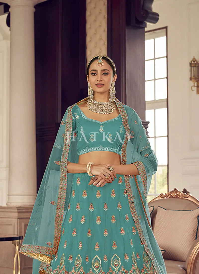 Aqua Blue Multi Appliqué Embroidered Wedding Lehenga Choli