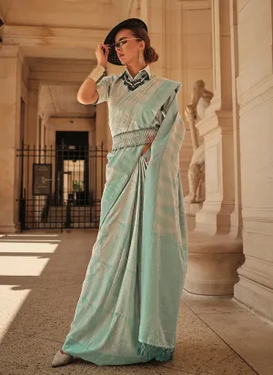 Aqua Blue Weaved Traditional Satin Silk Saree