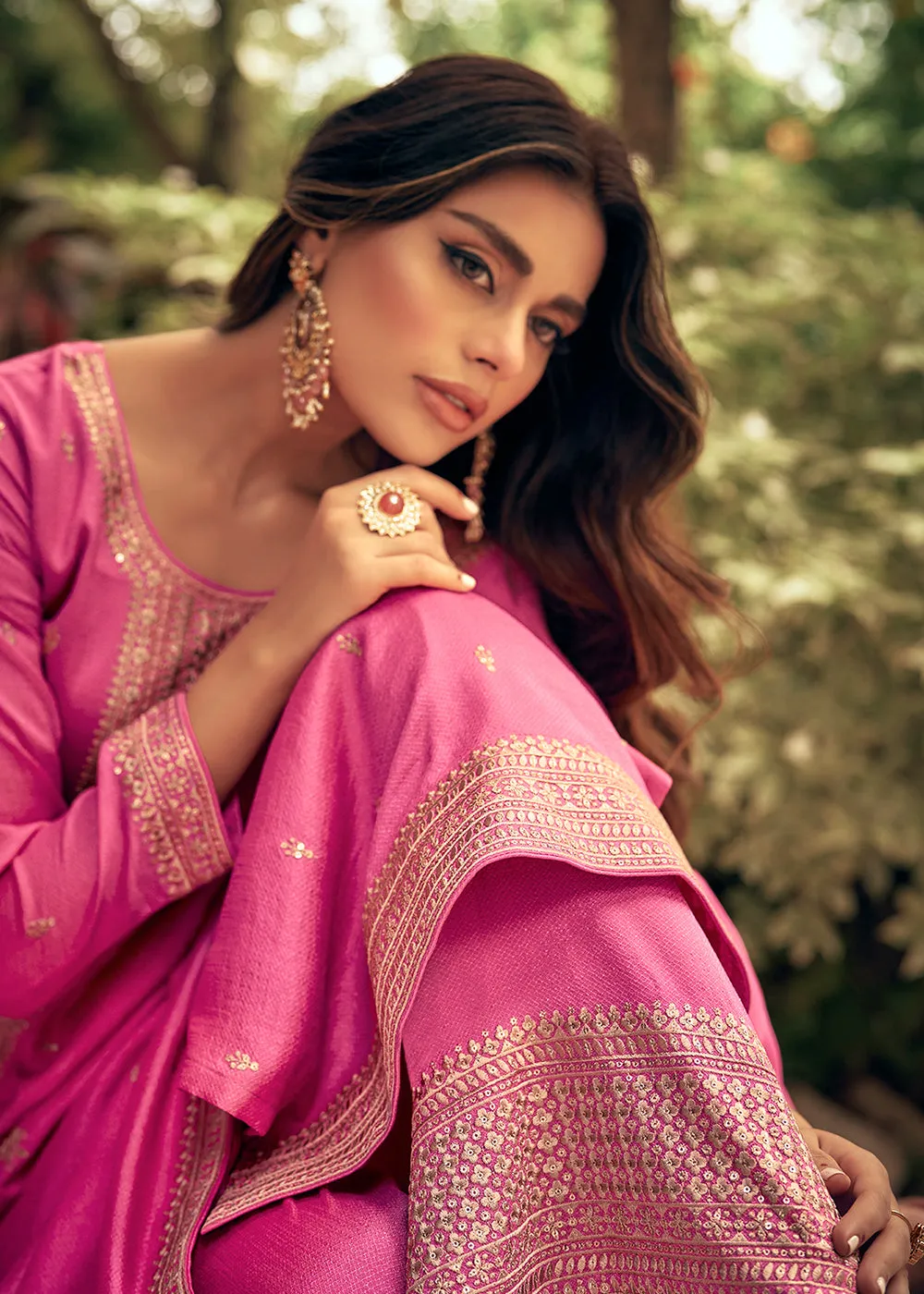 Art Silk Stunning Pink Embroidered Festive Palazzo Suit