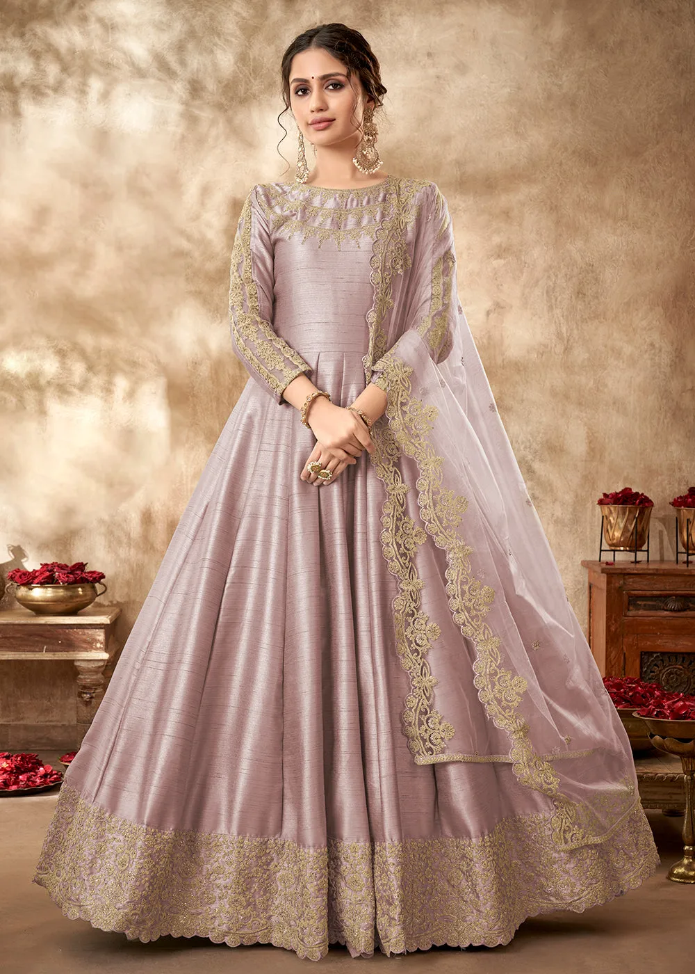 Attractive Pale Mauve Art Silk Zari Embroidered Festive Anarkali Gown