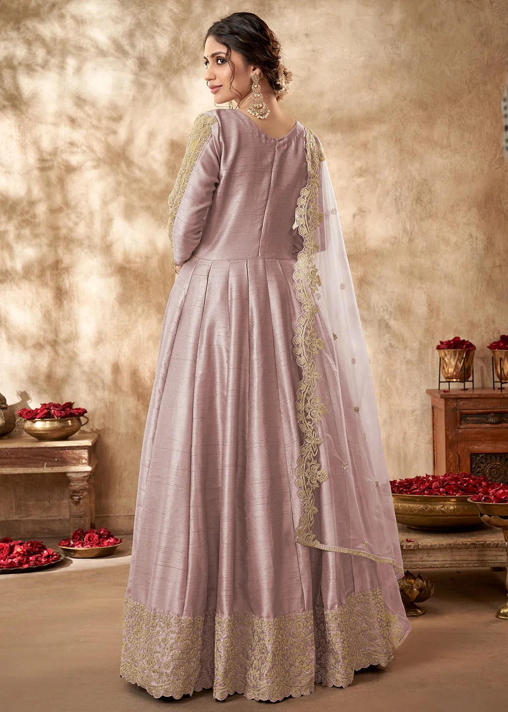 Attractive Pale Mauve Art Silk Zari Embroidered Festive Anarkali Gown