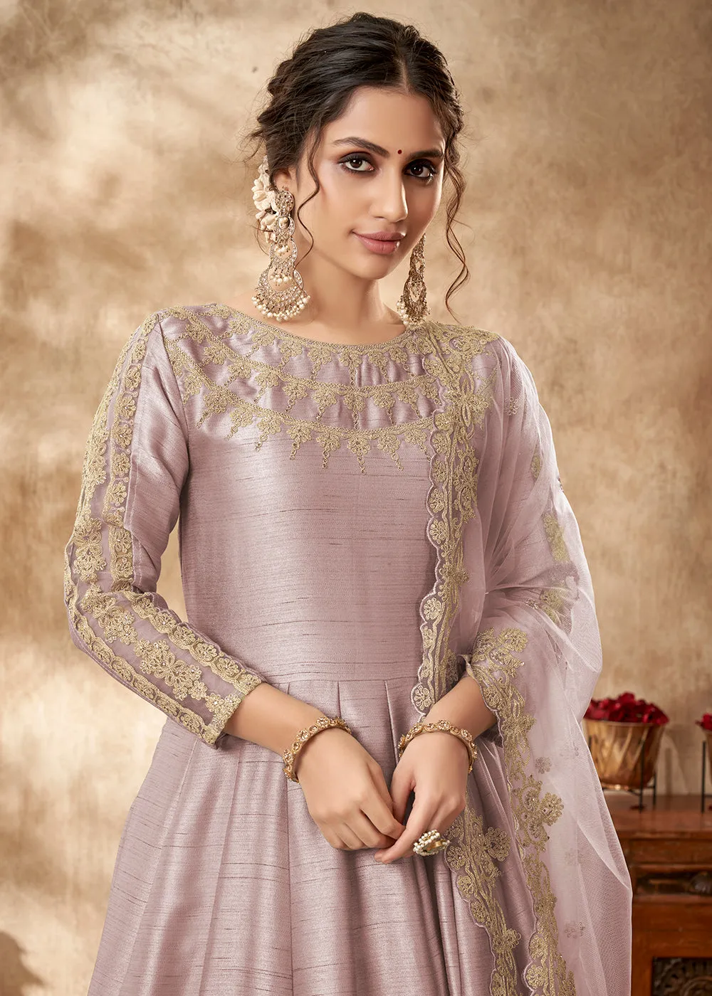 Attractive Pale Mauve Art Silk Zari Embroidered Festive Anarkali Gown