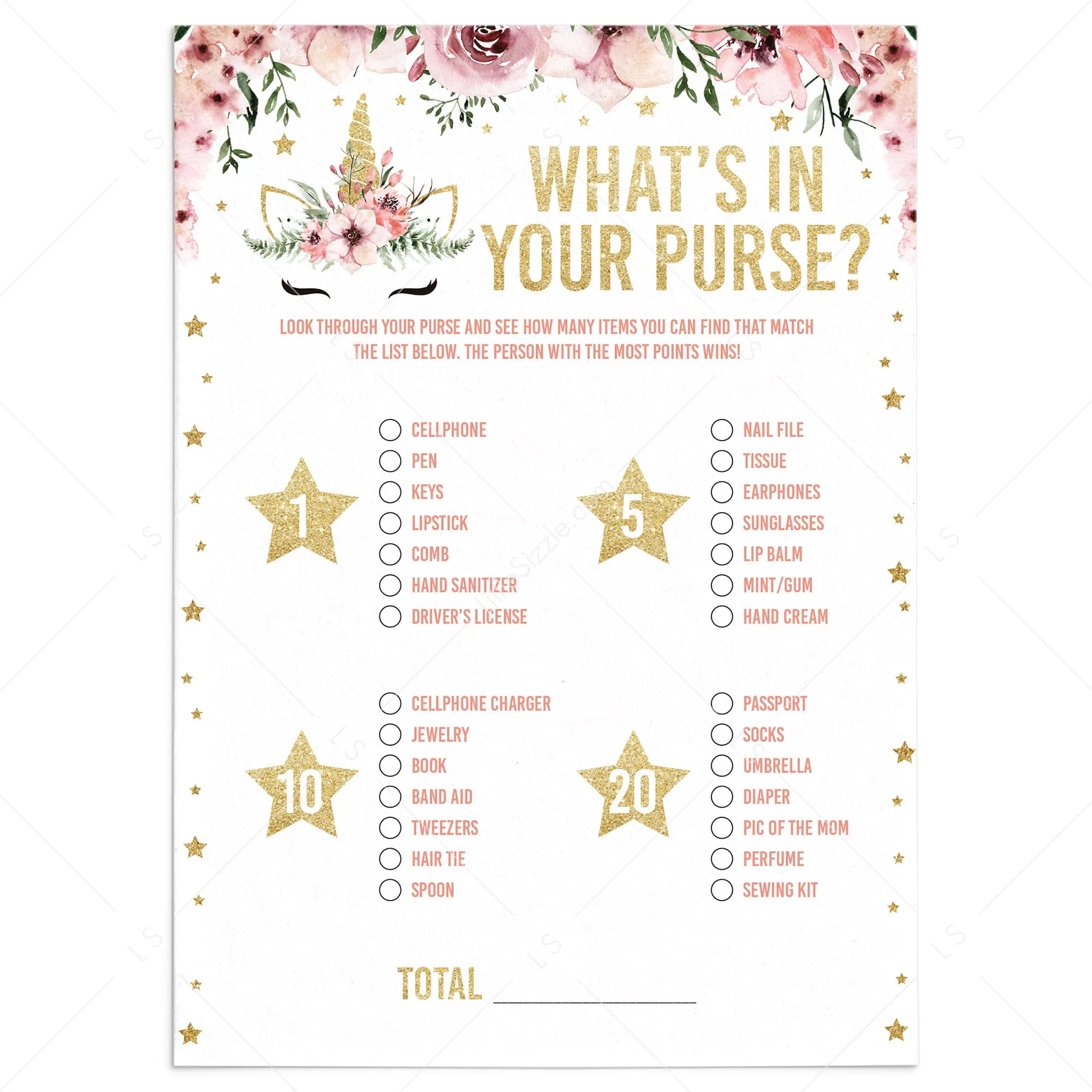 Baby Girl Shower Game What's In Your Purse Printable