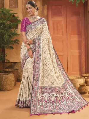 Beautiful Cream Mirror Work Silk Wedding Wear Saree With Blouse