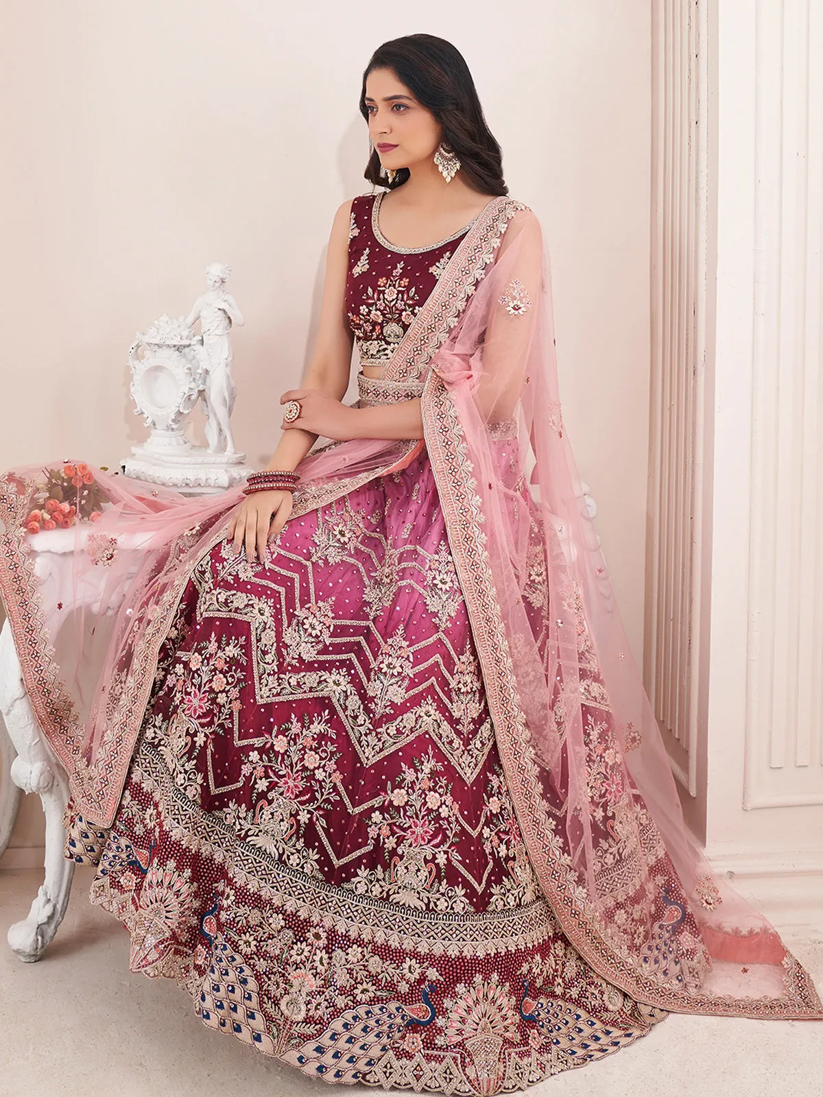 Beautiful Maroon And Pink Color Art Silk Semi Stitched Lehenga With Blouse Peice