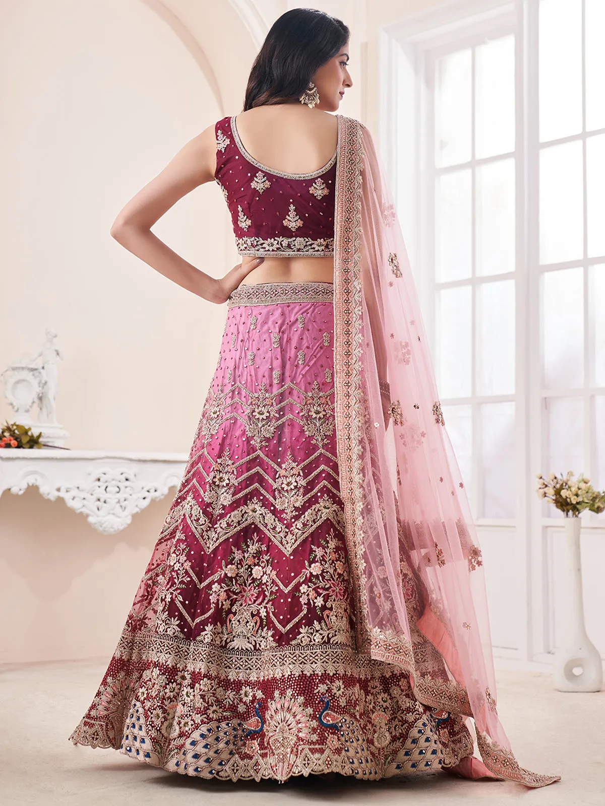 Beautiful Maroon And Pink Color Art Silk Semi Stitched Lehenga With Blouse Peice