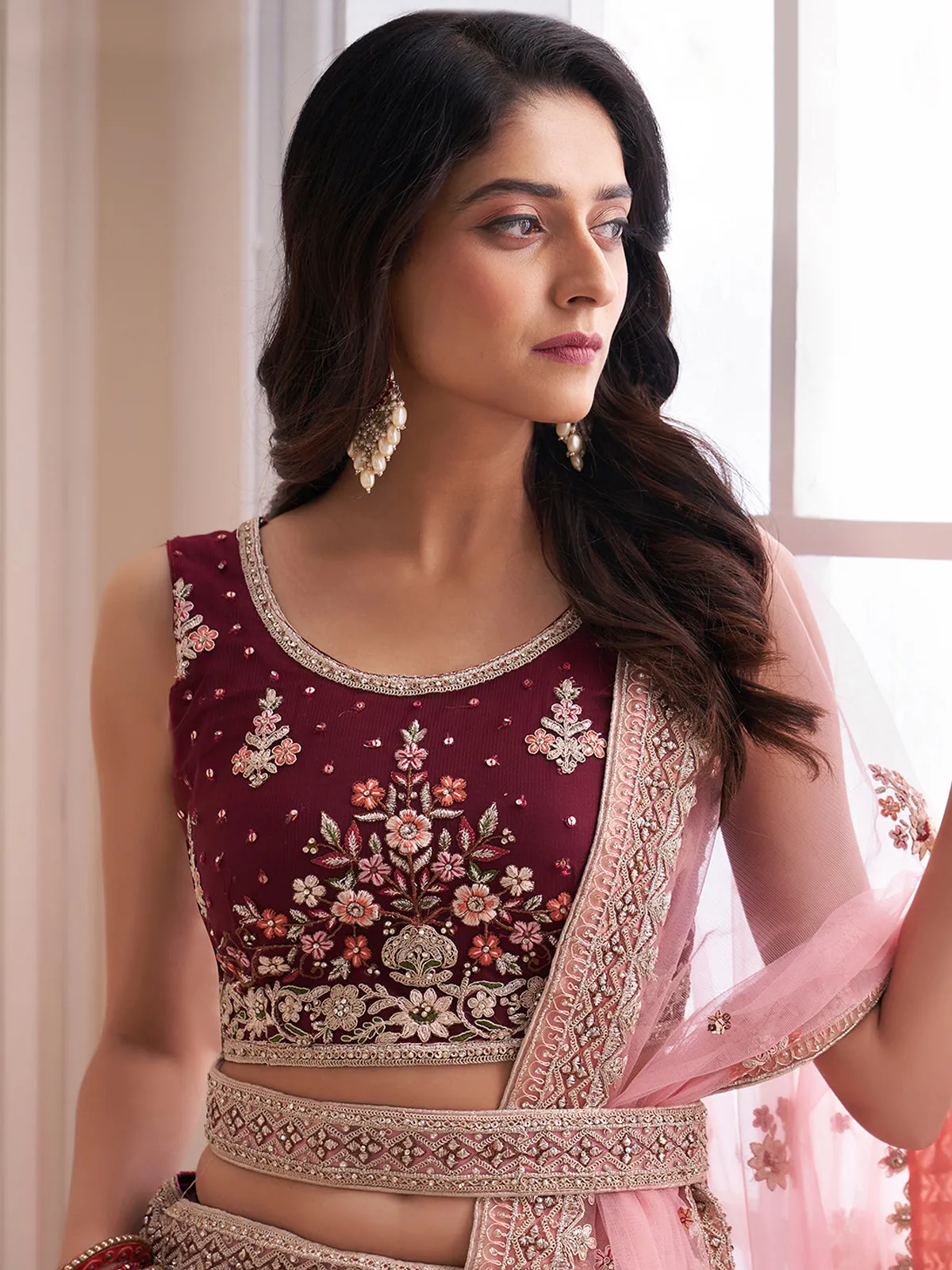 Beautiful Maroon And Pink Color Art Silk Semi Stitched Lehenga With Blouse Peice