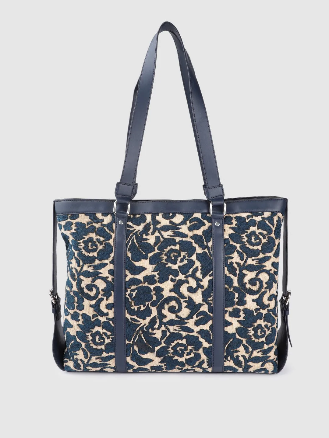 Berrylush Women Off-White & Blue Floral Printed Structured Regular Laptop Bags