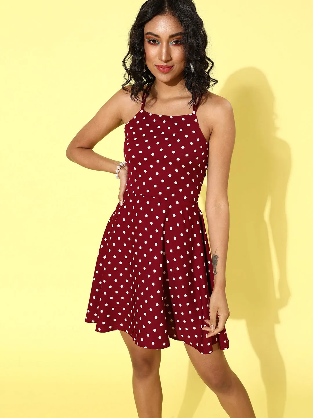 Berrylush Women Red Polka Dot Printed Square-Neck Tie-Up Fit & Flare Mini Dress