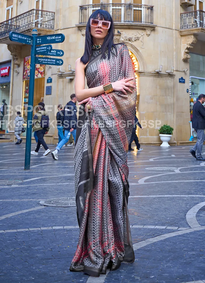 Black And Orange Printed Handloom Woven Viscose Saree