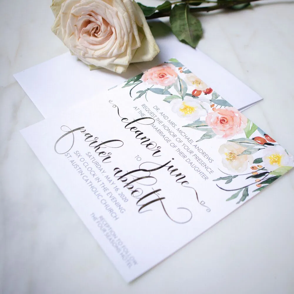 Blooming Watercolor Foil Printed Wedding Invitations