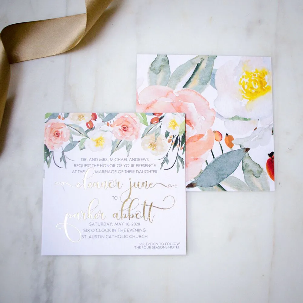 Blooming Watercolor Foil Printed Wedding Invitations