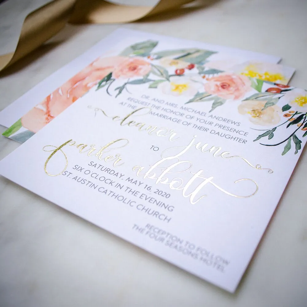 Blooming Watercolor Foil Printed Wedding Invitations