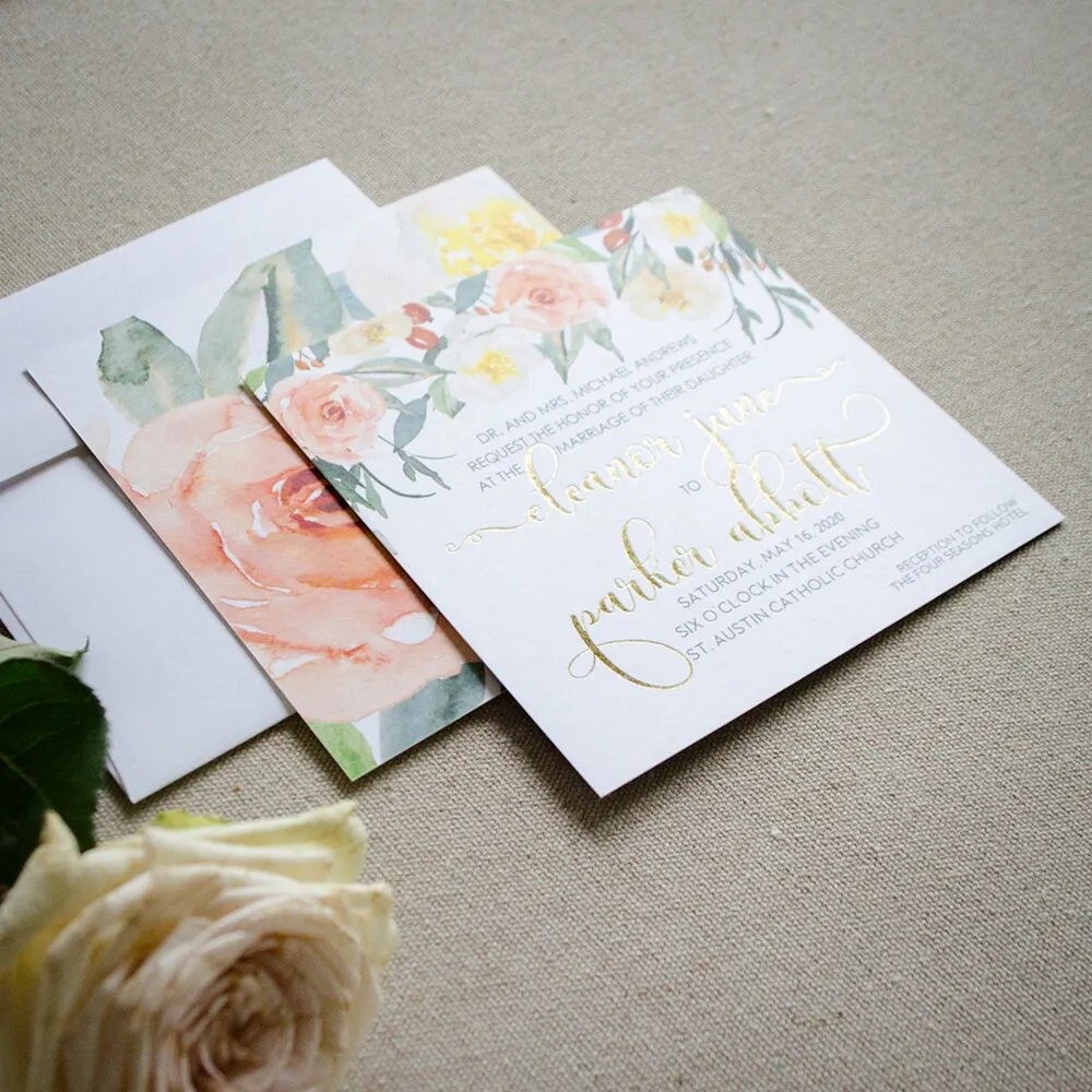 Blooming Watercolor Foil Printed Wedding Invitations