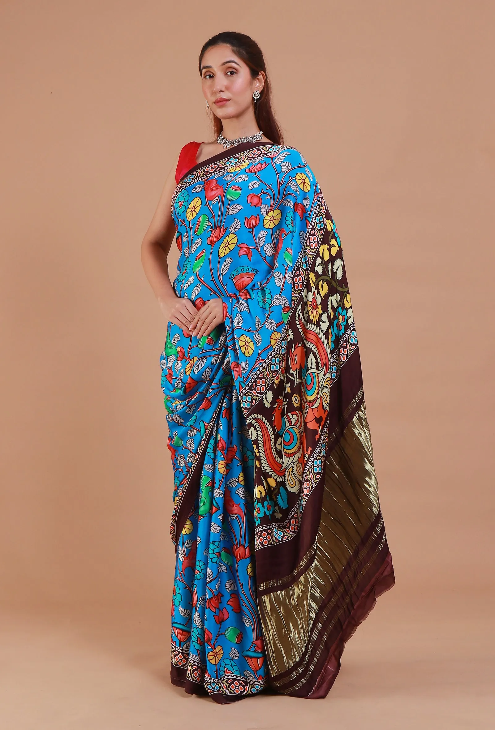 Blue & Brown Digital Print Modal Silk Saree