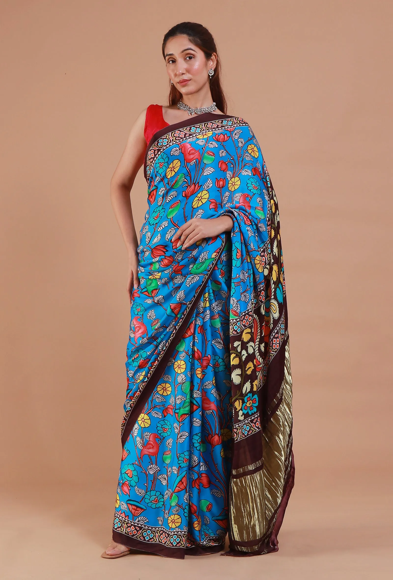 Blue & Brown Digital Print Modal Silk Saree