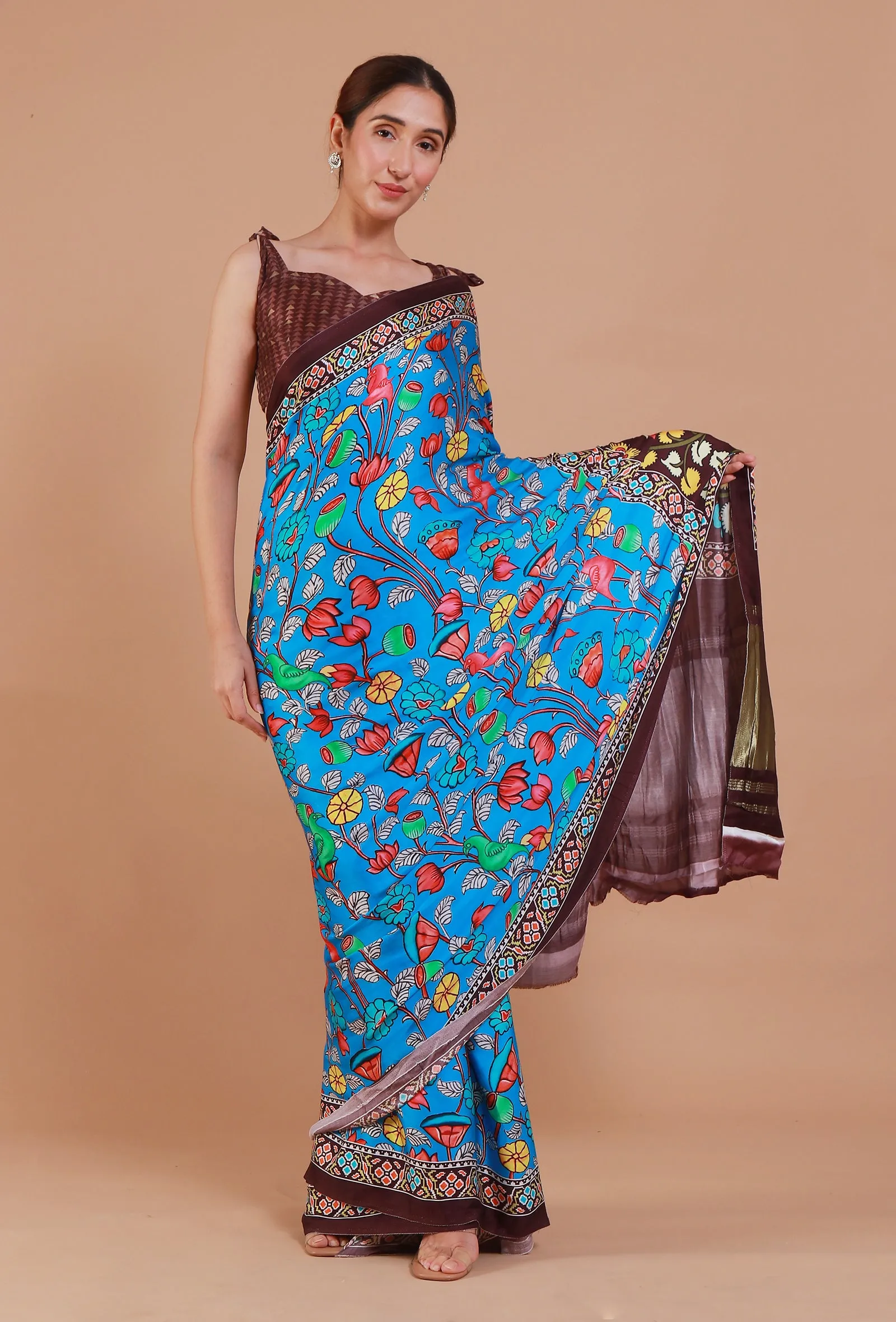 Blue & Brown Digital Print Modal Silk Saree