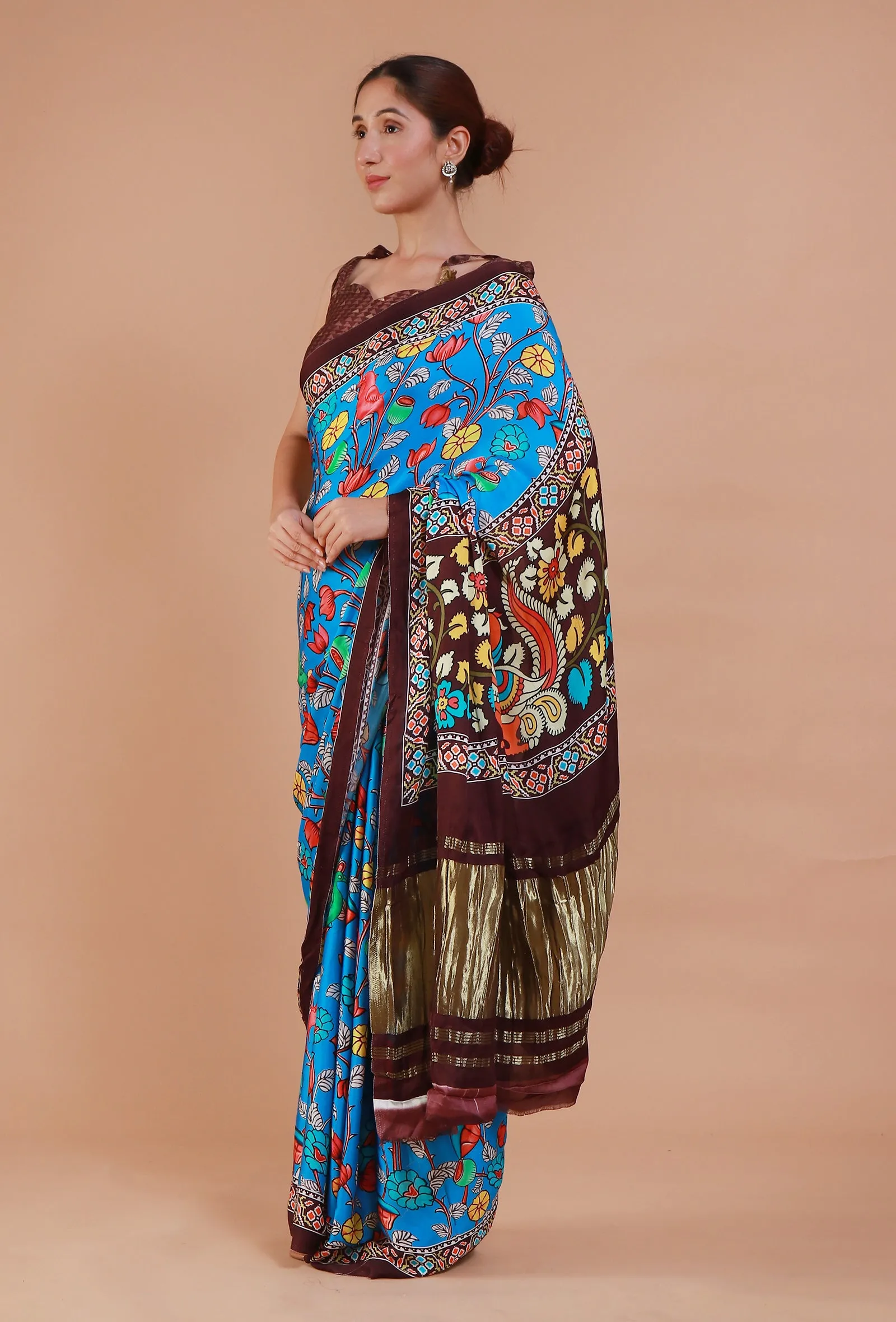 Blue & Brown Digital Print Modal Silk Saree