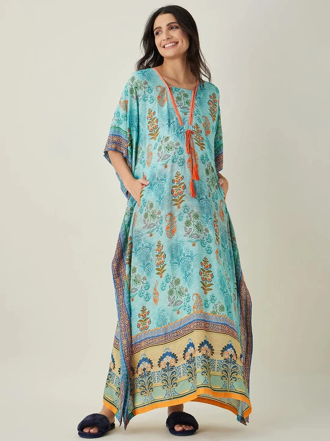 Blue Azure Paisley Garden Nursing Kaftan