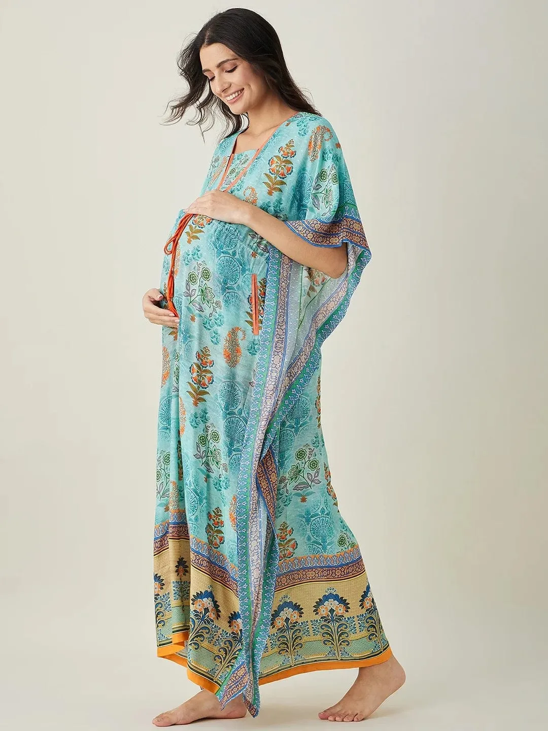 Blue Azure Paisley Garden Nursing Kaftan