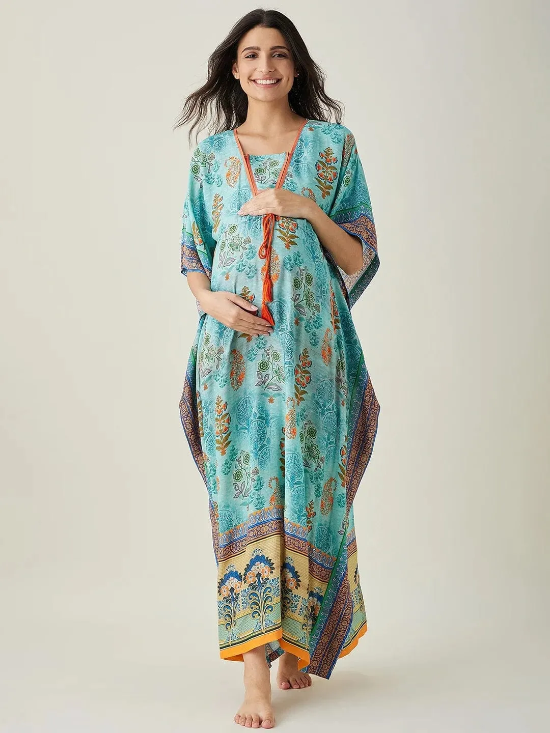 Blue Azure Paisley Garden Nursing Kaftan