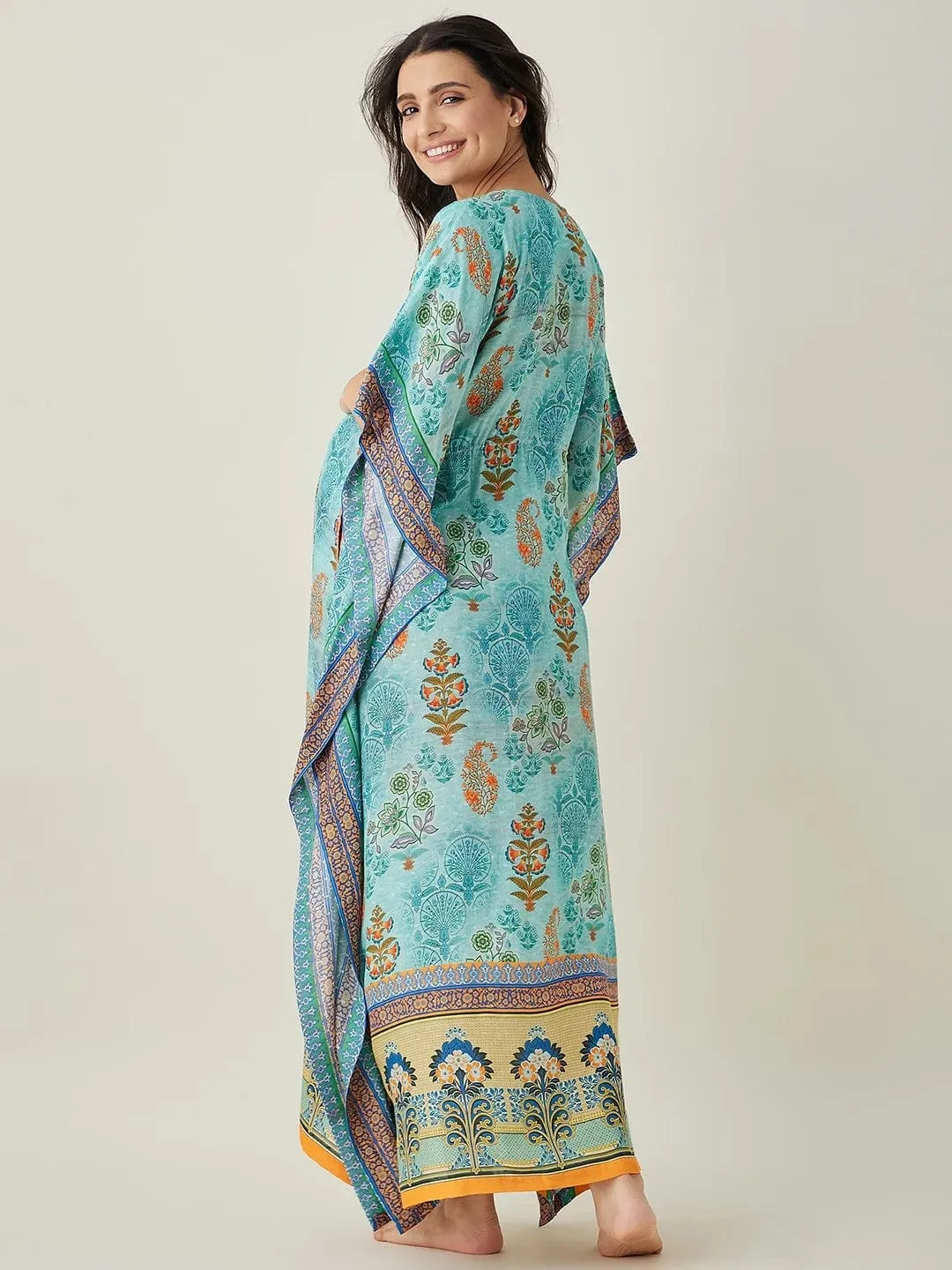 Blue Azure Paisley Garden Nursing Kaftan