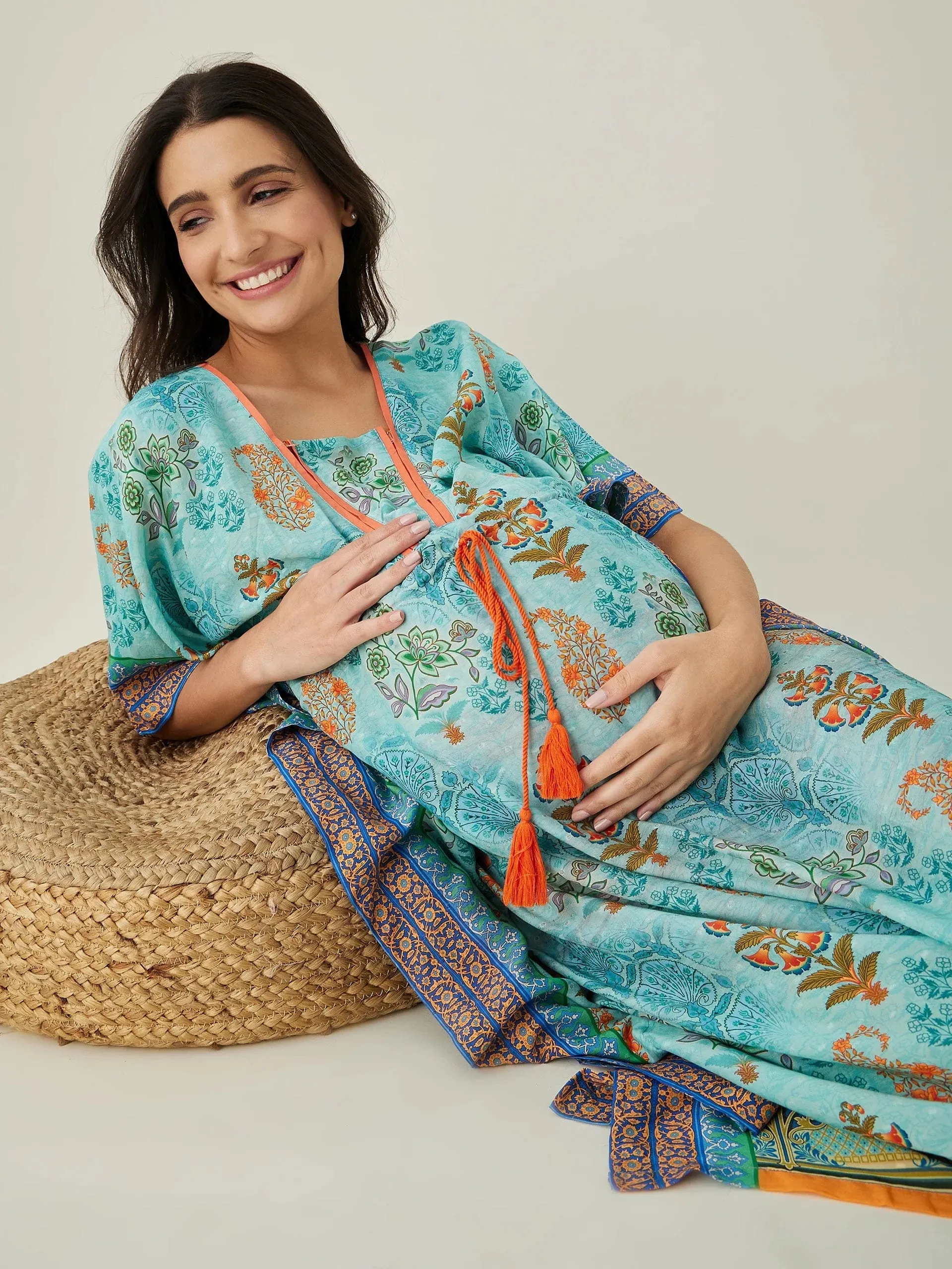 Blue Azure Paisley Garden Nursing Kaftan