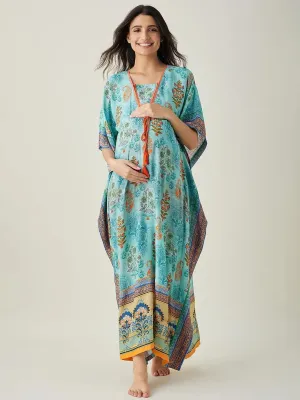 Blue Azure Paisley Garden Nursing Kaftan