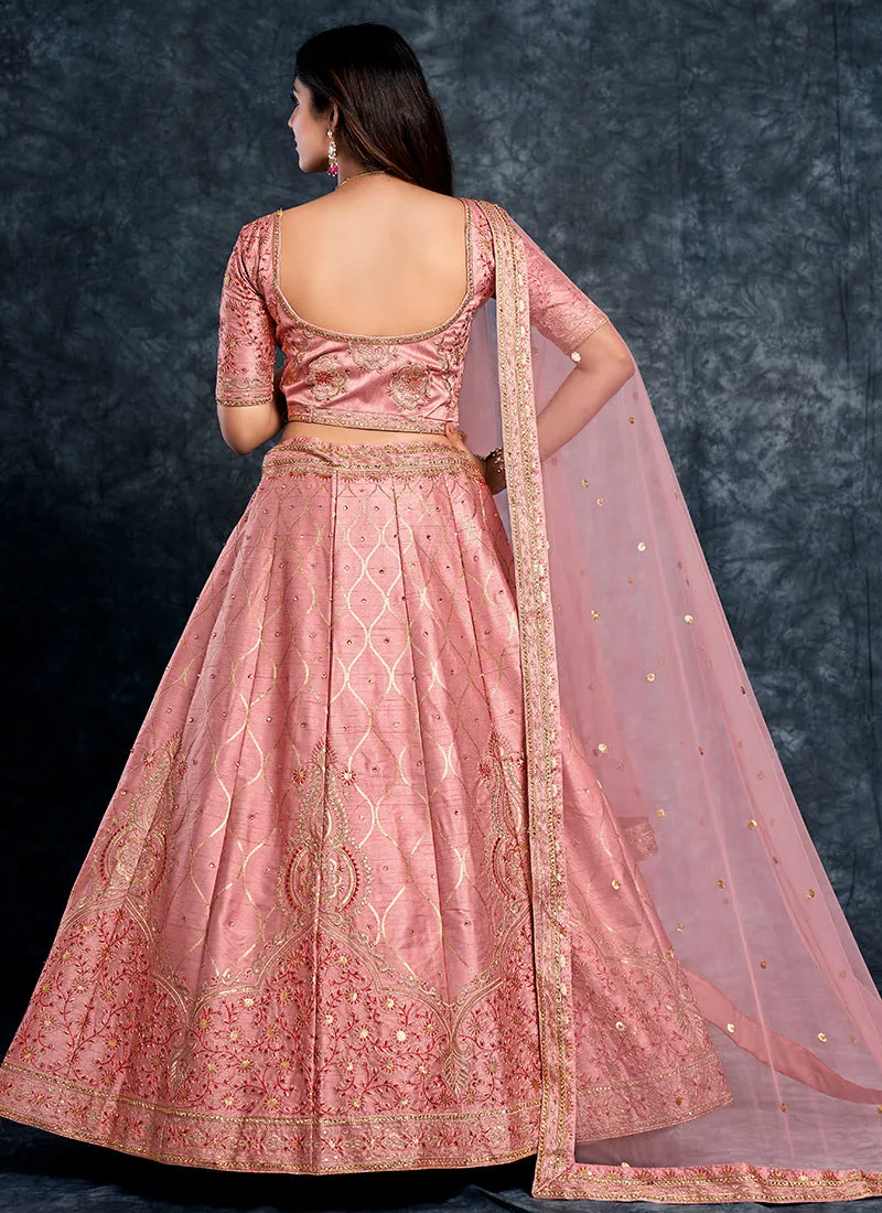 Blush Pink Zarkan Embroidery Silk Wedding Lehenga Choli