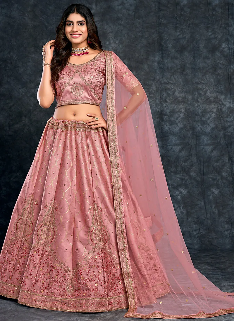 Blush Pink Zarkan Embroidery Silk Wedding Lehenga Choli