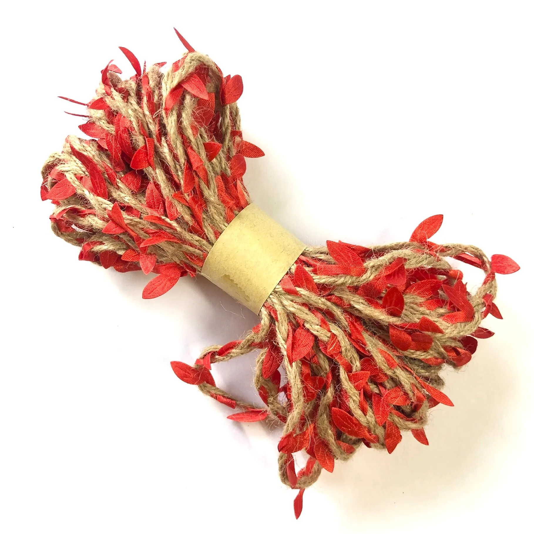 Braided Jute Cord with Vine Leaf per 10 mtrs - Natural with Red Leaf