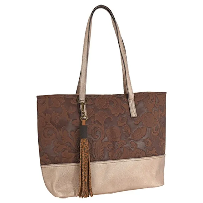 Catchfly Brown Embossed Tooled Tote with Metallic Gold Trim and Conceal Carry Pocket