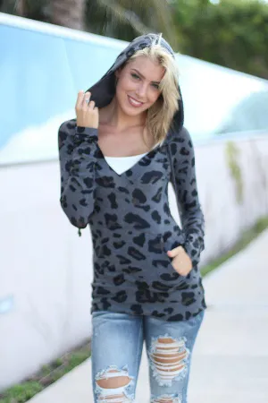 Charcoal Leopard Hoodie With Pocket