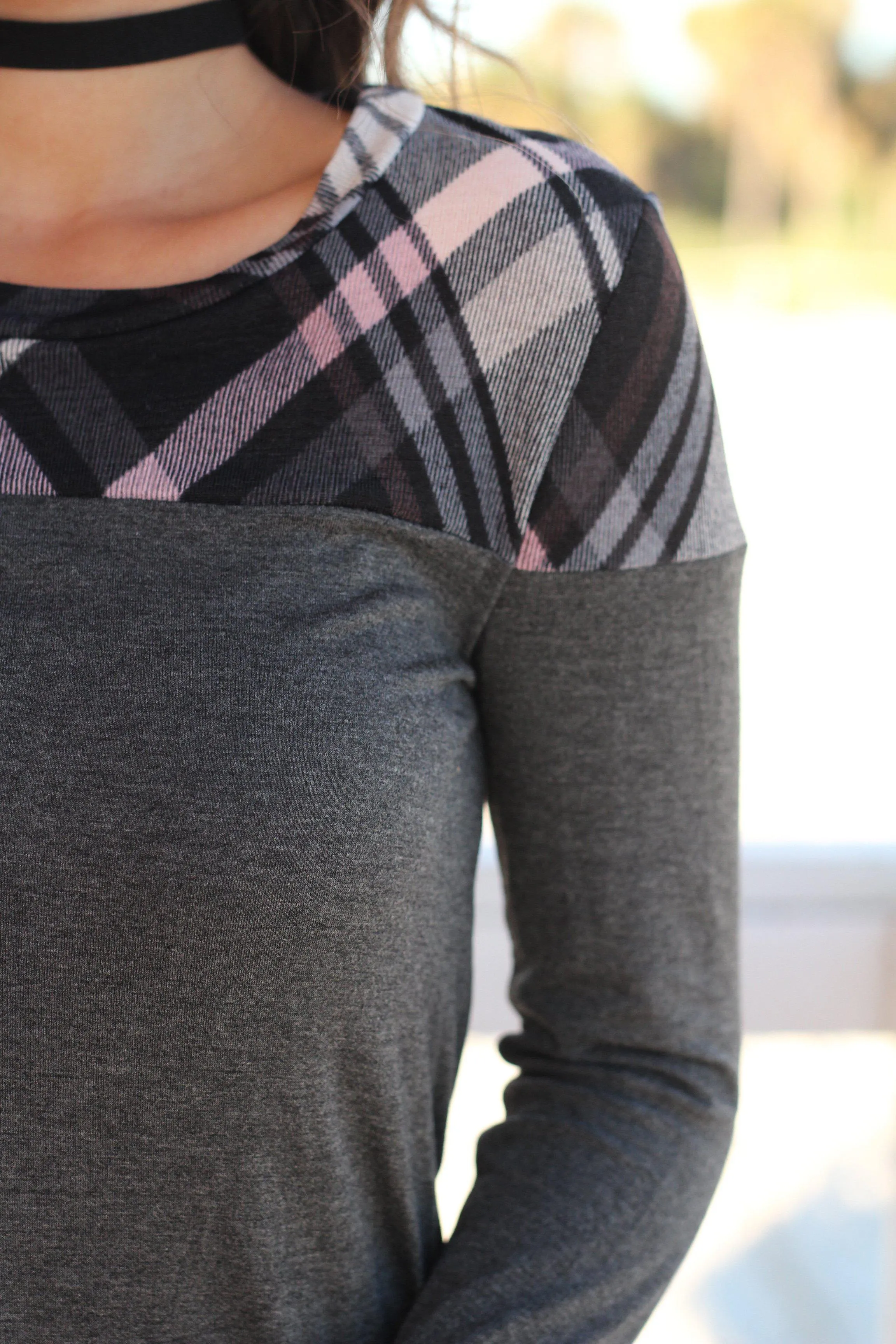 Charcoal Long Sleeve Top with Plaid Detail