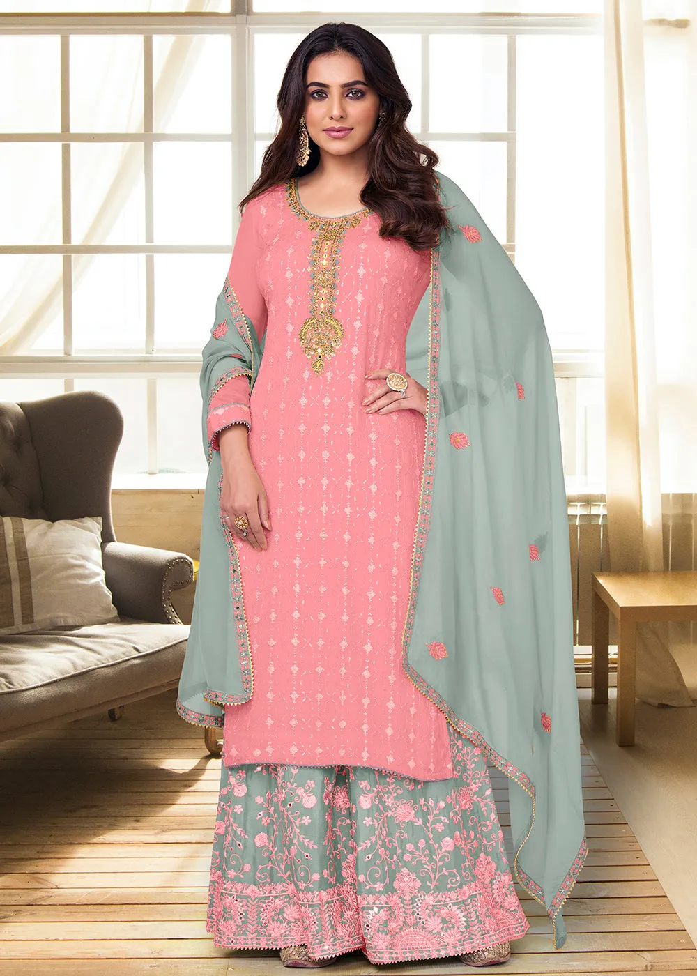 Charming Light Pink Heavy Chinon Embroidered Palazzo Kurta Set