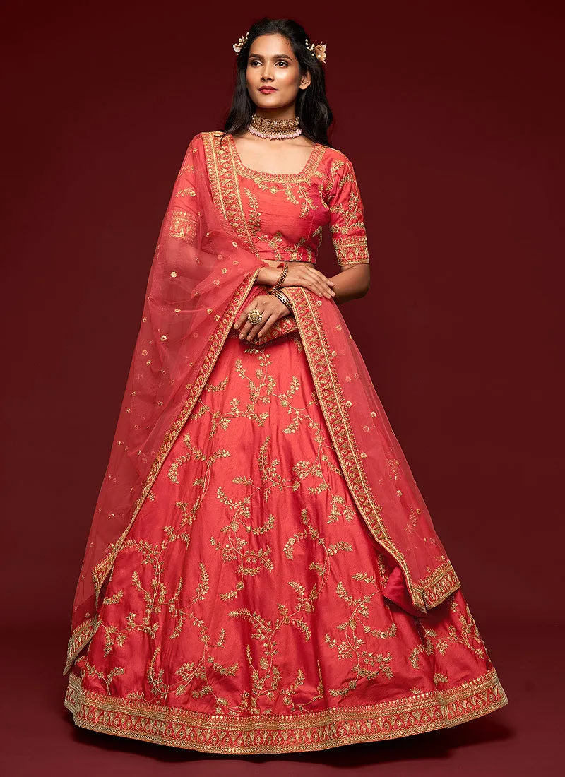 Coral Red Zari Embroidered Silk Lehenga Choli