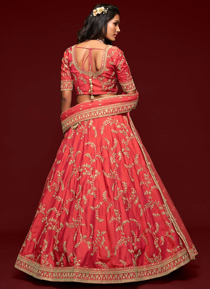 Coral Red Zari Embroidered Silk Lehenga Choli