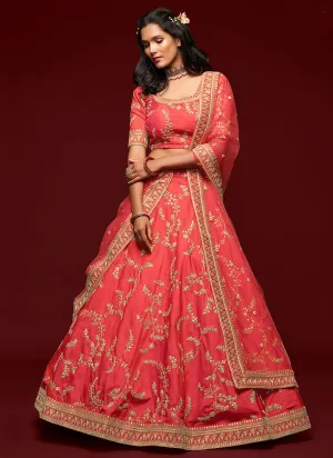 Coral Red Zari Embroidered Silk Lehenga Choli