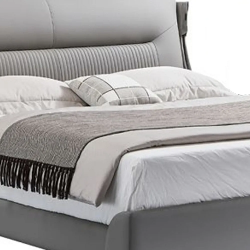 David Queen Size Bed, Channel Gray Top Grain Genuine Leather Upholstery By Casagear Home