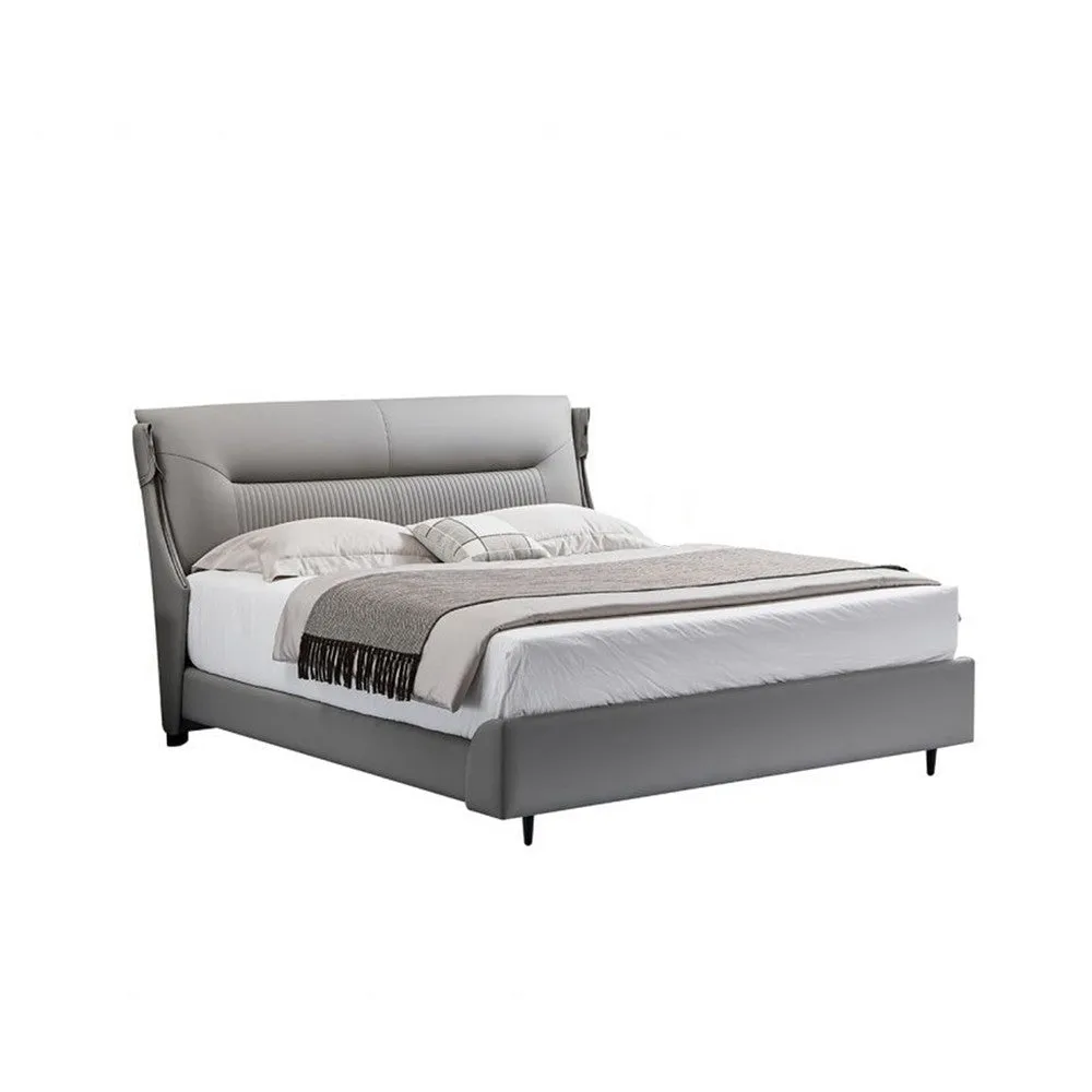 David Queen Size Bed, Channel Gray Top Grain Genuine Leather Upholstery By Casagear Home