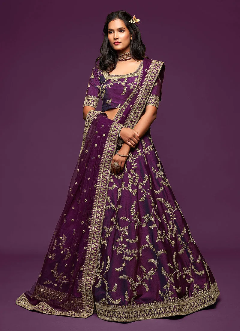 Deep Purple Zari Embroidered Silk Lehenga Choli